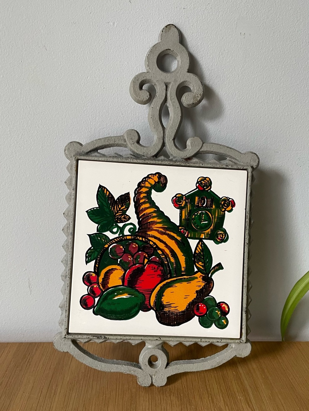 Vintage MCM Cornucopia Tile Footed Trivet with Cast Iron Frame Japan 60s